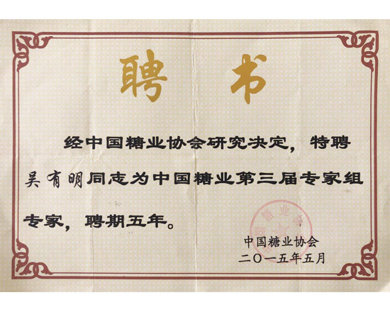 ***糖業(yè)協(xié)會專家組吳有明同志專家聘書